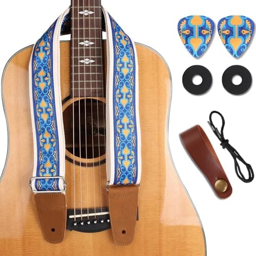 Best Jacquard Embroidery Bass Strap for Acoustic, Electric, and Bass Guitars, First Layer Vegetable Tanned Cowhide Ends
| Premium Cotton Jacquard Embroidery Guitar Strap for Acoustic, Electric, and Bass, Ideal Gift for Guitarist
| Handcrafted Jacqua