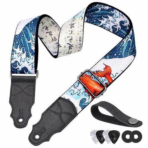 Head Layer Cowhide Leather Guitar Strap, 2" Wide, 2 Locks, 4 Picks Included — Animation