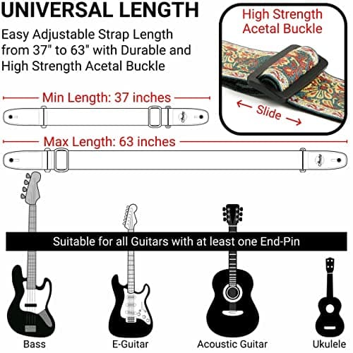 Vintage Jacquard Paisley Guitar Strap for Bass, Electric & Acoustic Guitars