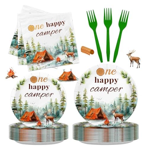 One Happy Camper Camping Party Decorations - 96PCS Disposable Dinnerware for 24 Guests