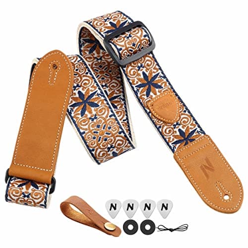 Vintage Yellow Embroidered Guitar Strap Set - Best Gift for Guitarists — A#-vintage Blue Gold Embroidery