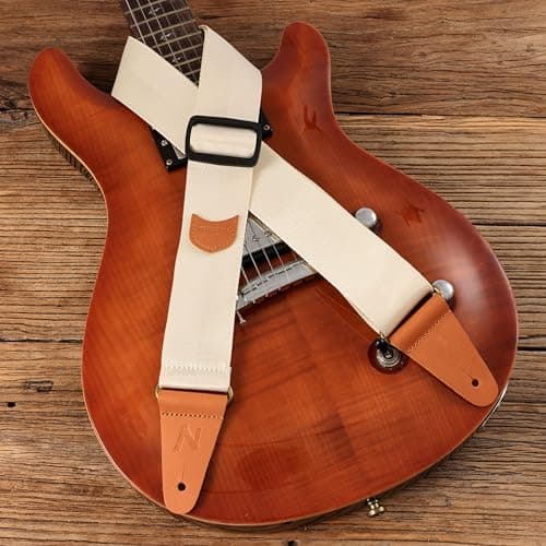 Nefelibata Vintage Nylon Guitar Strap with Pick Pocket and Leather Ends for Bass, Electric & Acoustic Guitars (Beige)