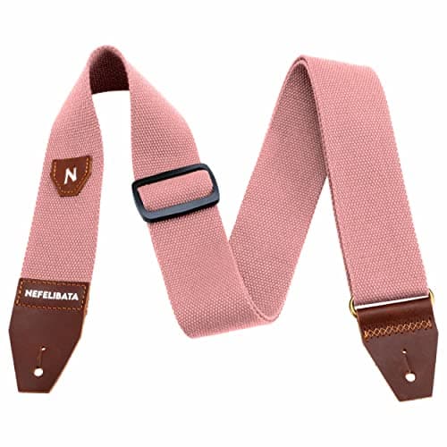 Nefelibata Guitar Strap with Pick Pocket, 100% Cotton and Leather End - Ideal for Guitarists and Kids — Pink