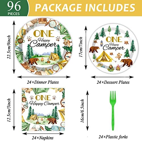 Tevxj One Happy Camper 96PCS Tableware Set for 1st Birthday Party
