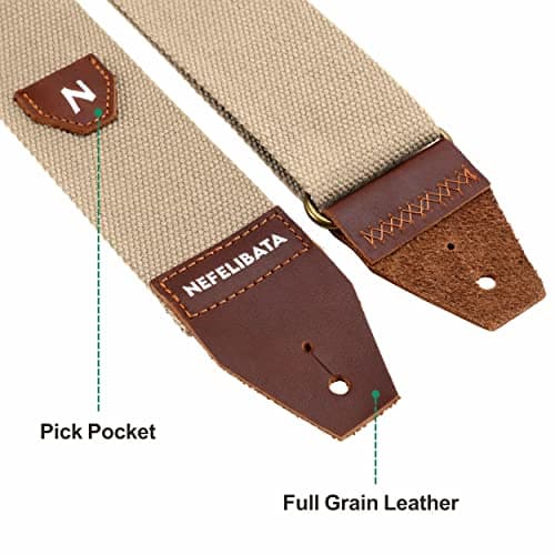 Nefelibata Guitar Strap with Pick Pocket, 100% Cotton and Leather End - Ideal for Guitarists and Kids