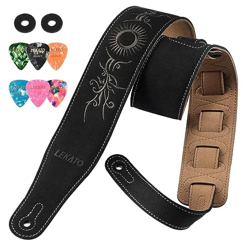 Lekato Jaffa Orange Suede Guitar Strap, Adjustable 35"-51" — Black Sunflower