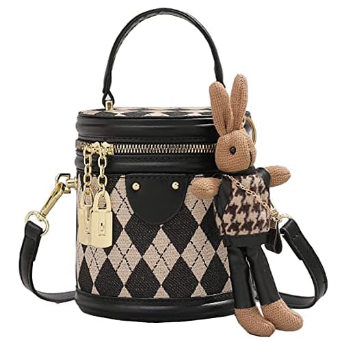RTGGSEL Quilted Lattice Shoulder Bag for Women with Bunny Pendant — Bucket Black