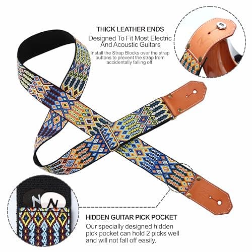 Bohemia Style Woven Cotton Guitar Strap with Leather Ends for Guitarists