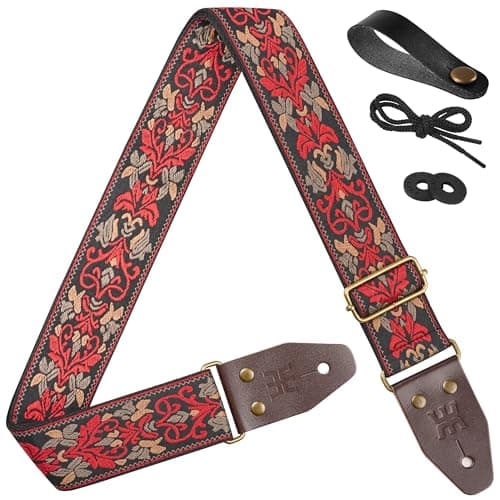 Amumu Black Brown Spade Heart Embroidery Vintage Guitar Strap — Red Spades Heart