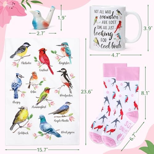 Nefelibata 4-in-1 Bird Lovers Gift Set for Women: Mug, Socks, Water Whistle, and Kitchen Towel