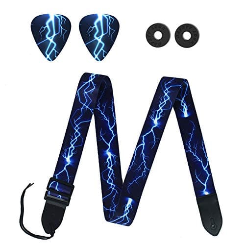 QIELIZI Adjustable Guitar Strap with 2 Locks, 2 Picks, Pick Holder & Leather Button — 1-blue Lightning