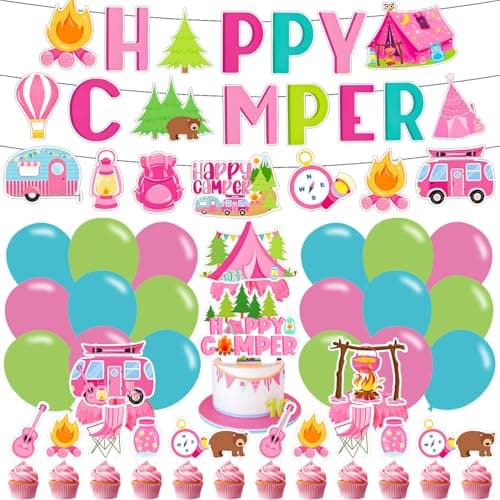 Pink Camping Party Decorations, Happy Birthday Banner & Supplies for Camp-Themed Birthdays