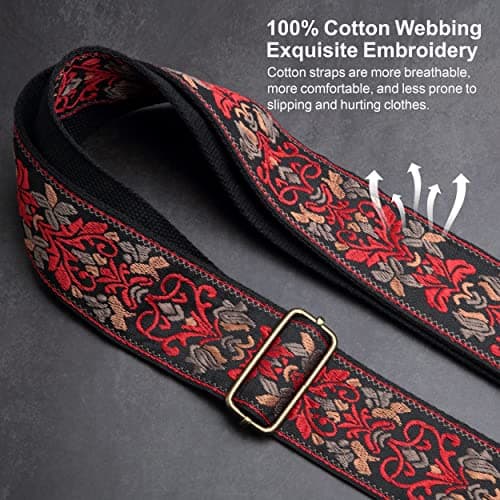 Nefelibata Retro Red Flower Jacquard Embroidery Cotton Guitar Straps for Bass, Electric & Acoustic Guitarists, Best Gifts for Kids