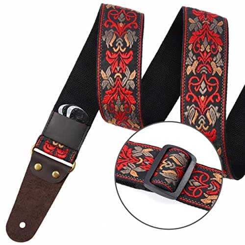 Jacquard Embroidery Guitar Strap, Full Grain Leather Ends with Hidden Pocket, for Bass, Electric and Acoustic Guitars