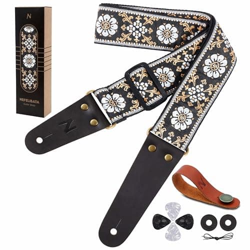 Vintage Embroidered Cotton Guitar Strap for Bass, Electric & Acoustic Guitar with Leather Ends and Accessories