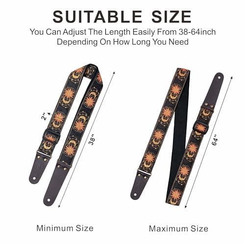 Sun & Moon Embroidery Guitar Straps by Nefelibata - Head Cowhide Leather Ends, 1 Pair