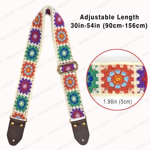 Crochet Flower Guitar Strap - Leather Ends, 2 Inch Wide, White