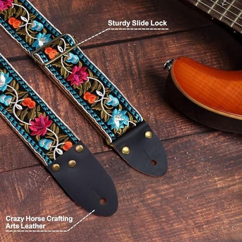 Vintage Jacquard Embroidery Cotton Guitar Strap with Leather Ends for Electric and Acoustic Guitars