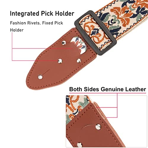 Jacquard Embroidered Cotton Guitar Strap with Pick & Locks for Bass, Electric & Acoustic Guitars