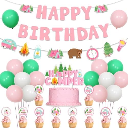 Kreatwow Pink Camper Themed Happy Birthday Banner Garland for Girls Camp Adventure Party