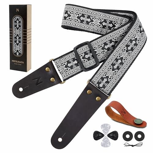 Guitar Strap with Flower Embroidery for Bass, Electric & Acoustic Guitars — Silver Cross
