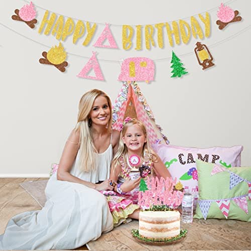 Pink Glitter Camping Birthday Banner & Toppers for Girl Parties