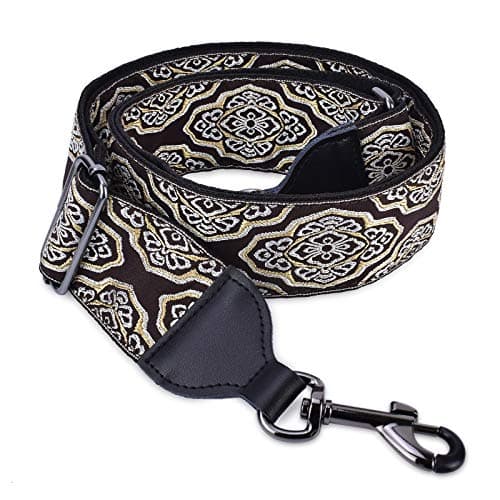 Banjo Strap Guitar Strap with Leather Ends and Metal Clips (Flowers) — Vintage Brown Diamond