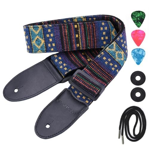 Vintage Classical Pattern CloudMusic Guitar Strap with Leather Ends — Dark Blue Tribal