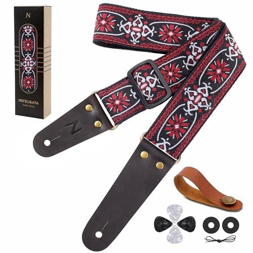 Nefelibata Embroidered Cotton Guitar Strap with Cowhide Ends (Saffron) — O# - White Embroidery