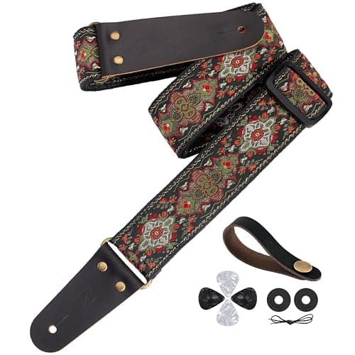 Embroidered Guitar Strap with Leather Ends & Pocket, for Bass & Electric Guitars — Green Shield