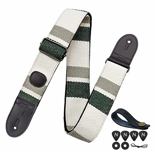 Nefelibata Guitar Strap with Pick Pocket for Bass, Electric, and Acoustic Guitars — Green&white Stripes
