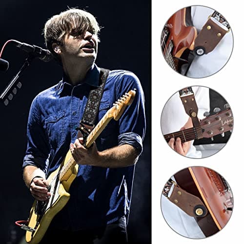 Embroidered Cotton Guitar Strap with Leather Ends - Best Gift for Kids and Guitarists