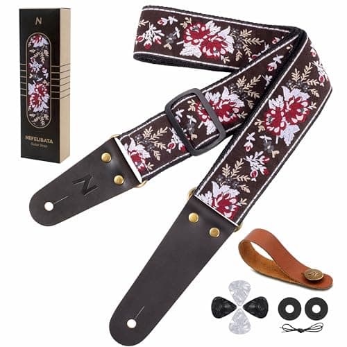 Nefelibata Embroidered Cotton Guitar Strap with Cowhide Ends (Saffron) — Peony