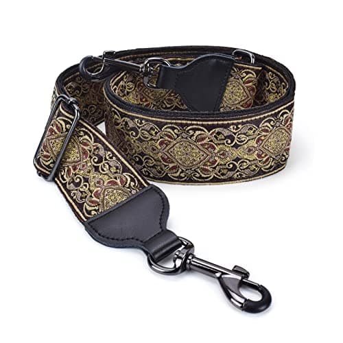 Banjo Strap Guitar Strap with Leather Ends and Metal Clips (Flowers) — Classic Pattern Brown