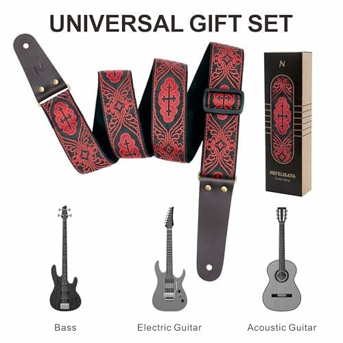 Red Cross Embroidery Nefelibata Guitar Strap for Bass, Electric & Acoustic Guitars