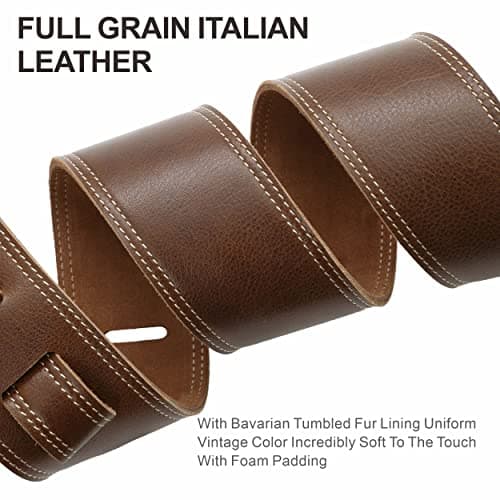 Vintage Brown Leather Guitar Strap with Foam Padding and Cable Storage Loop for Kids, Men, and Women