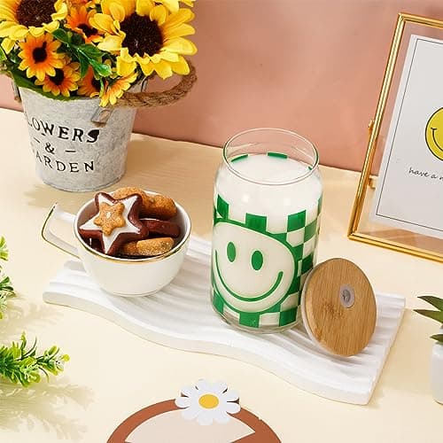 Preppy Checkered Happy Face Drinking Glasses Set for Cocktails and more