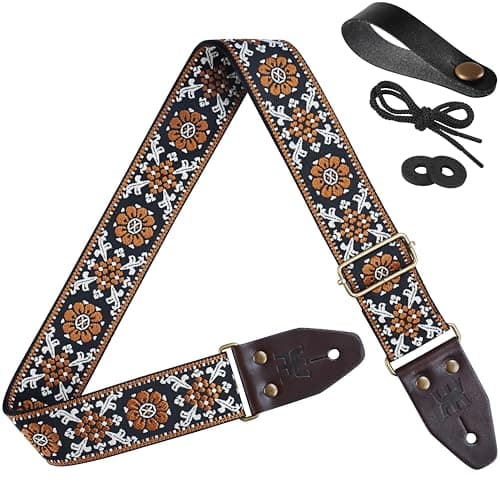 Amumu Black Brown Spade Heart Embroidery Vintage Guitar Strap — Brown Lucky Flower