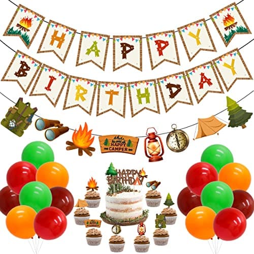 Camping Birthday Decoration Kit - Banner, Garland, Balloons, Cake Toppers, Tent Decorations