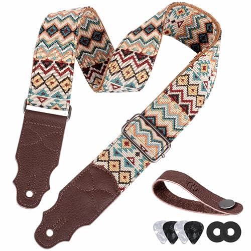 Head Layer Cowhide Leather Guitar Strap, 2" Wide, 2 Locks, 4 Picks Included — Light Boho