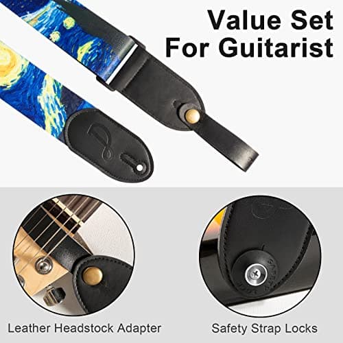 Ultra Comfortable Guitar Strap with 2 Locks & 1 Button for Bass, Electric & Acoustic Guitars