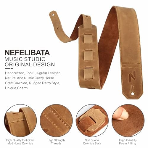 Wide Full Grain Leather Guitar Strap for Bass, Electric, and Acoustic Guitars (Yellow)
