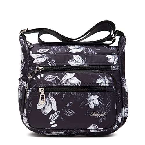 Nawoshow Nylon Floral Multi-Pocket Crossbody Travel Bag for Women — T09-white Leaves