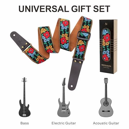 Nefelibata Vintage Jacquard Embroidery Guitar Strap for Electric Acoustic | Full Grain Leather Ends | Free Button & Locks | 2 Picks Included