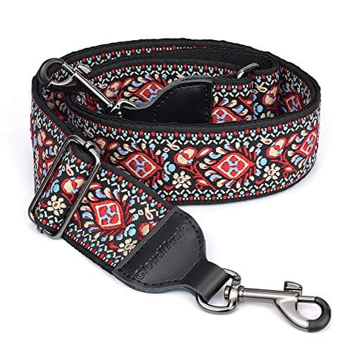 Banjo Strap Guitar Strap with Leather Ends and Metal Clips (Flowers) — Red