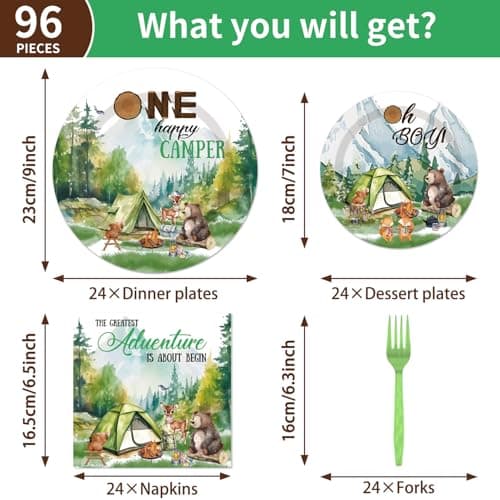 One Happy Camper 1st Birthday Decorations - 96PCS Plates & Napkins Set
