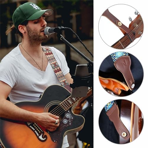 Nefelibata Banjo Strap, Double Full Grain Cowhide Guitar Strap, Adjustable Replacement, Multi-pattern Guitar Strap With Headstock Rope(Boho Brown)