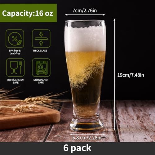 6-Pack 16oz Pilsner Beer Glasses for Men