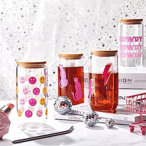 4-Piece Pink Glass Coffee Cup Set with Lids and Straws for Women's Gifts