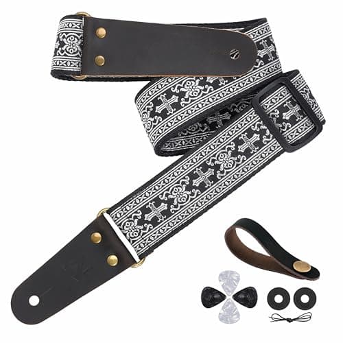 Embroidered Guitar Strap with Leather Ends & Pocket, for Bass & Electric Guitars — Silver Cross